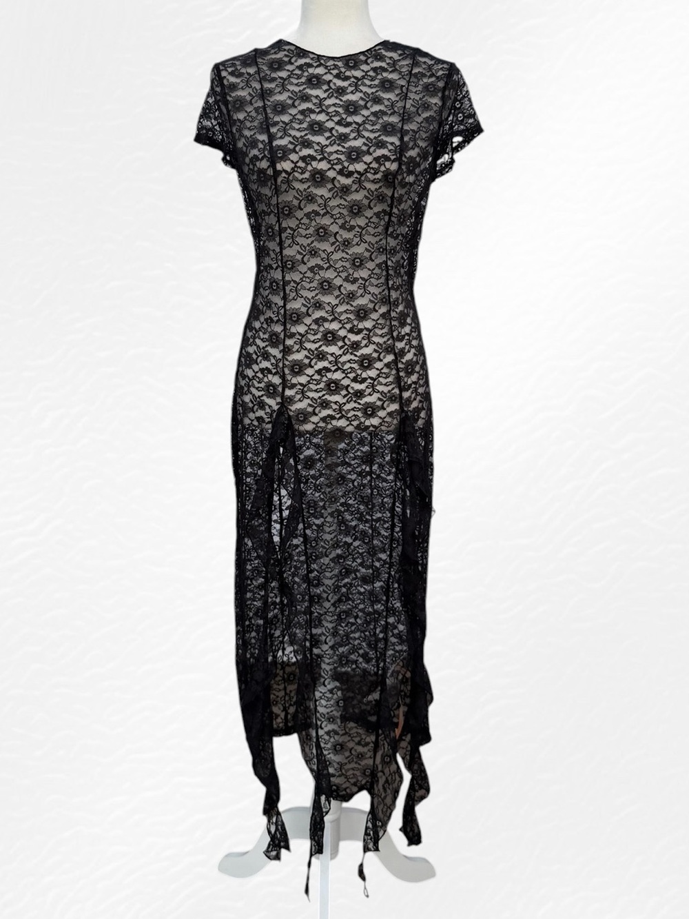 Forever 21 Black Sheer Floral Lace Bodycon Negligee Stretch Maxi Dress ~ L